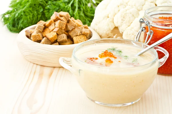 Soup cauliflower puree with red caviar — Stock Image Soup cauliflower puree with red caviar Stock Image