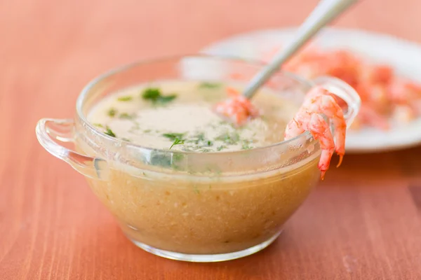 Vegetable cream soup with prawns — Stock Photo, Image