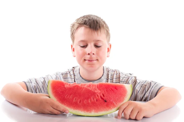 Pojke med vattenmelon — Stockfoto