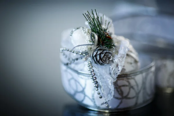 Christmas card with silver balls and ribbon — Stock Photo, Image