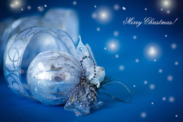 Christmas card with silver balls and ribbon — Stock Photo, Image