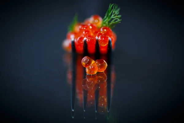 Caviar vermelho em um garfo — Fotografia de Stock