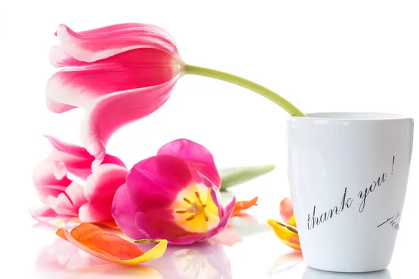 Beautiful tulips in a vase with gratitude — Stock Photo, Image