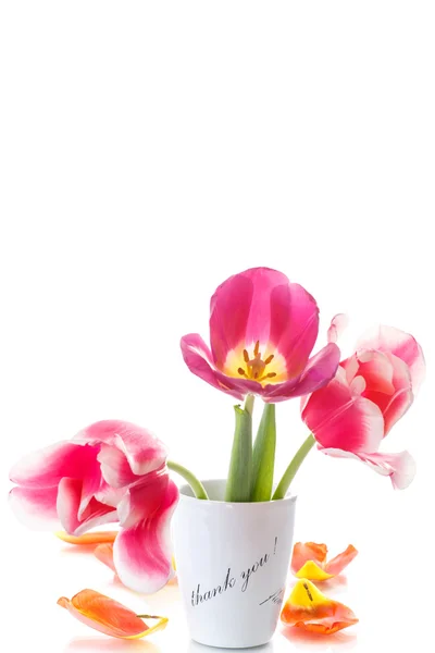 Hermosos tulipanes en un jarrón con gratitud —  Fotos de Stock