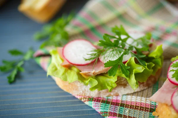 Sendvič se salátem, šunkou a ředkvičkami — Stock fotografie