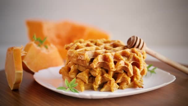 Sweet baked pumpkin waffles with honey in a plate — Stock Video
