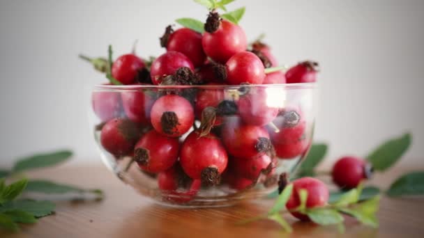 Ripe red rose hips on a wooden table — Stock Video