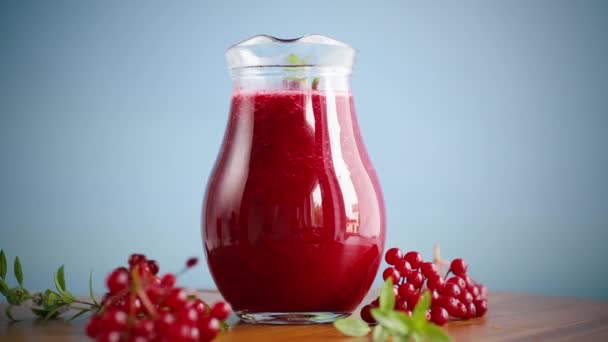 Färskpressad tjock naturlig saft med fruktkött från mogen röd viburnum i en karaff — Stockvideo