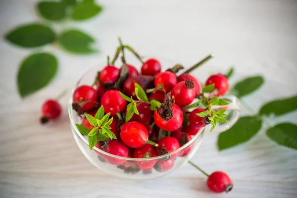 Bunch Ripe Red Rose Hips Wooden Table — Stock Photo, Image