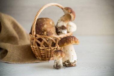 Tahta bir masada sepetin içinde toplanmış taze orman mantarları.