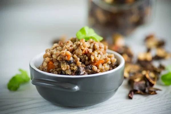 Sarrasin Bouilli Aux Légumes Champignons Forestiers Séchés Dans Moule Céramique — Photo