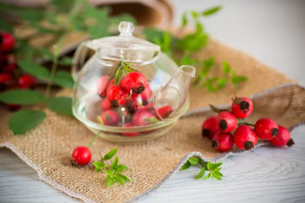 Bunch Ripe Red Rose Hips Wooden Table — Stock Photo, Image