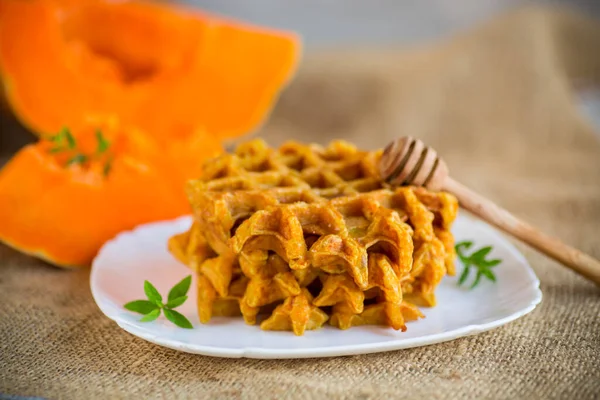 Sweet Baked Pumpkin Waffles Honey Plate Wooden Table — Stock Photo, Image