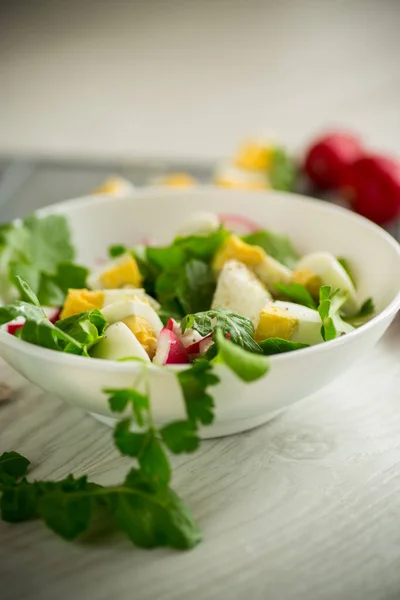 Fresh Spring Salad Fresh Lettuce Leaves Radishes Boiled Eggs Bowl — Stock Fotó