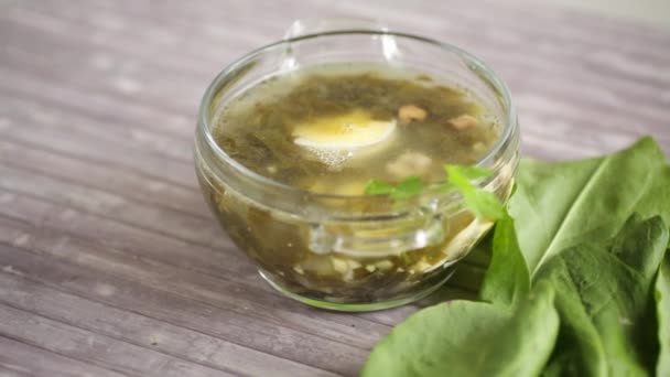 Frühlingssuppe aus frischem Sauerampfer mit gekochten Eiern im Teller — Stockvideo