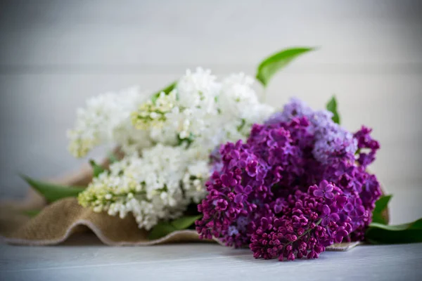 Bouquet Beautiful Spring Lilacs Different Colors Wooden Table — Stockfoto