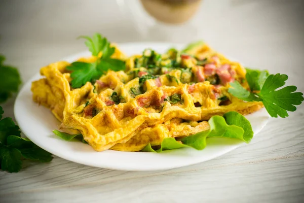 Egg Omelet Stuffed Greens Sausage Fried Form Waffles Wooden Table — Photo