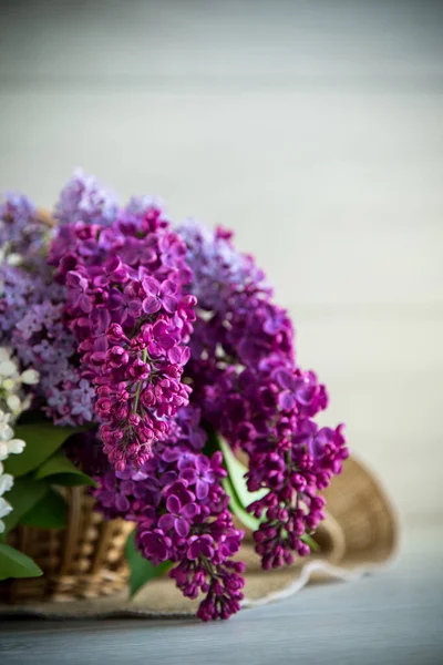 木制桌子上挂着一束深紫色的美丽的春天丁香花 — 图库照片