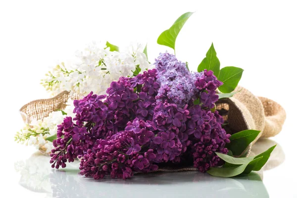 Bouquet Beautiful Spring Lilacs Different Colors Wooden Table — Stock fotografie