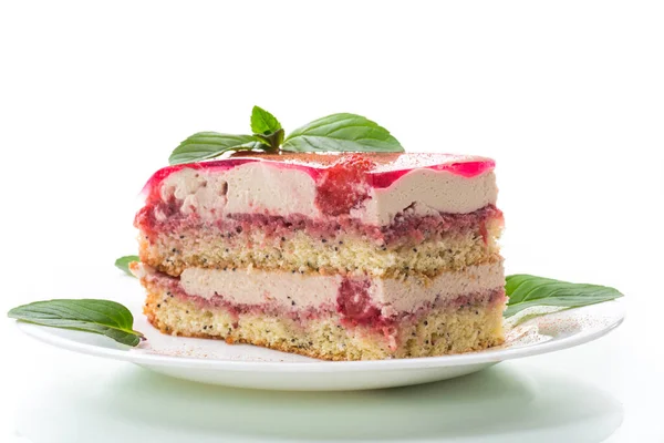 Strawberry Poppy Cake Cream Plate Isolated White Background — Stock Fotó