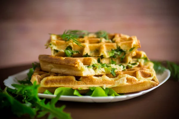 Homemade Fried Vegetable Waffles Herbs Wooden Table — Stock Photo, Image