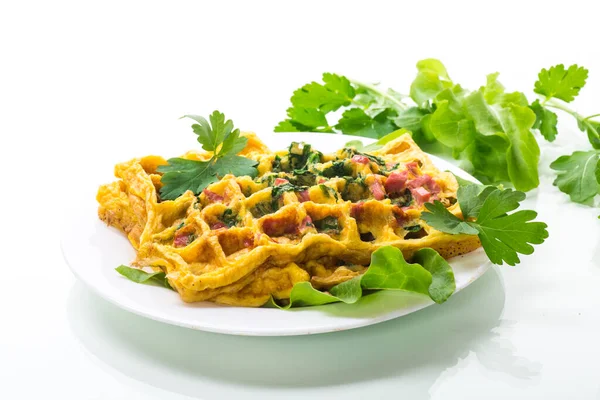 Egg Omelet Stuffed Greens Sausage Fried Form Waffles Isolated White — Photo