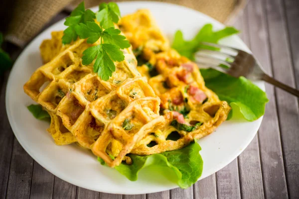 Egg Omelet Stuffed Greens Sausage Fried Form Waffles Wooden Table — стоковое фото