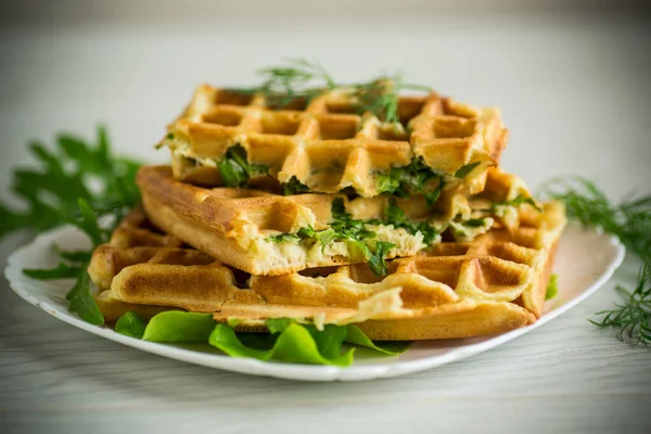 Homemade Fried Vegetable Waffles Herbs Wooden Table — Stock Photo, Image