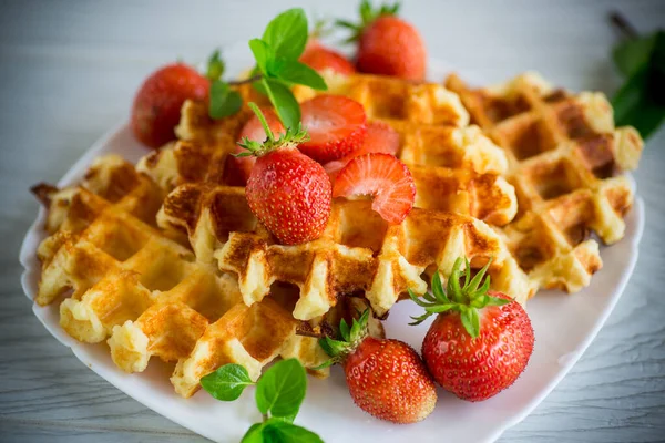 Sweet Curd Cooked Waffles Fresh Ripe Strawberries Wooden Table — Stock Photo, Image