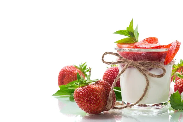 Sweet Homemade Yogurt Strawberry Jam Fresh Strawberries Glass Isolated White — Stock Photo, Image