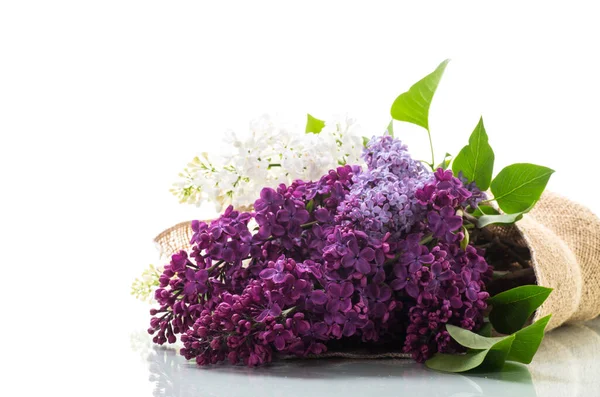 Bouquet Beautiful Spring Lilacs Different Colors Wooden Table — Stock fotografie