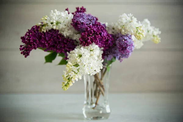 Bouquet Beautiful Spring Lilacs Different Colors Wooden Table — Foto Stock