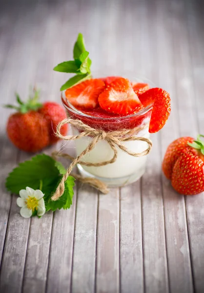 Sweet Homemade Yogurt Strawberry Jam Fresh Strawberries Glass Cup Wooden — Stock Photo, Image
