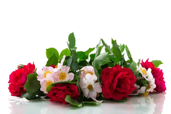一束美丽的红玫瑰和粉红玫瑰 背景是白色的 — 图库照片