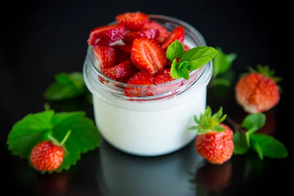 Sweet Homemade Yogurt Fresh Ripe Strawberries Glass Jar Isolated Black — Stock Photo, Image