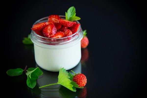 Sweet Homemade Yogurt Fresh Ripe Strawberries Glass Jar Isolated Black — Stock Photo, Image