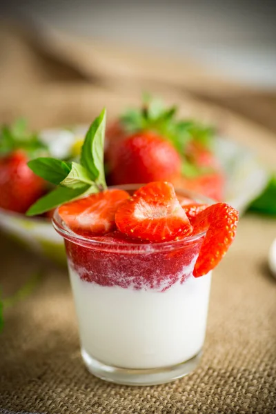 Sweet Homemade Yogurt Strawberry Jam Fresh Strawberries Glass Cup Wooden — Stock Photo, Image