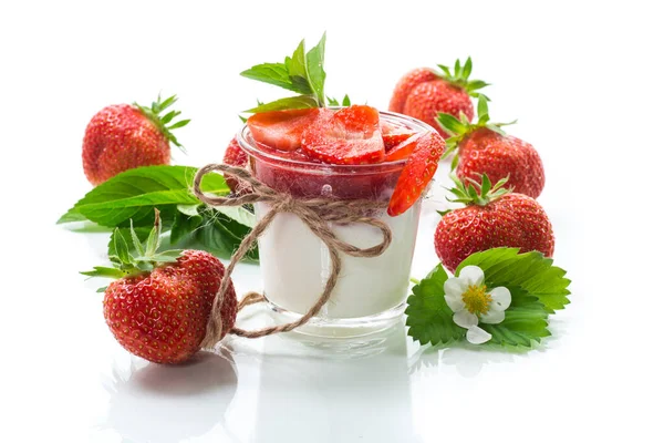 Sweet Homemade Yogurt Strawberry Jam Fresh Strawberries Glass Isolated White — Stock Photo, Image