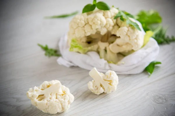 Inflorescences Small Raw Cauliflower Light Wooden Table — Stock Photo, Image