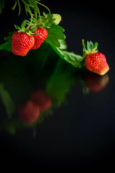 Zralé Šťavnaté Červené Jahody Izolované Černém Pozadí — Stock fotografie