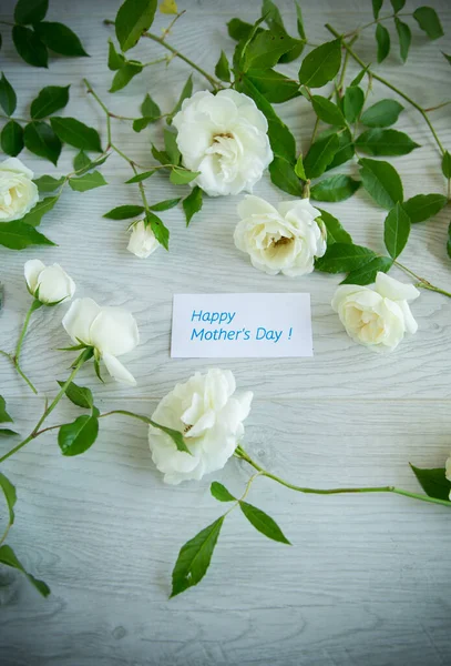 Schöner Hintergrund Von Vielen Weißen Rosen Auf Einem Hellen Hölzernen — Stockfoto