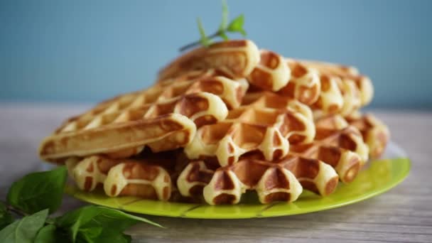 Zoete Cottage Kaas Wafels Met Een Takje Munt Een Bord — Stockvideo