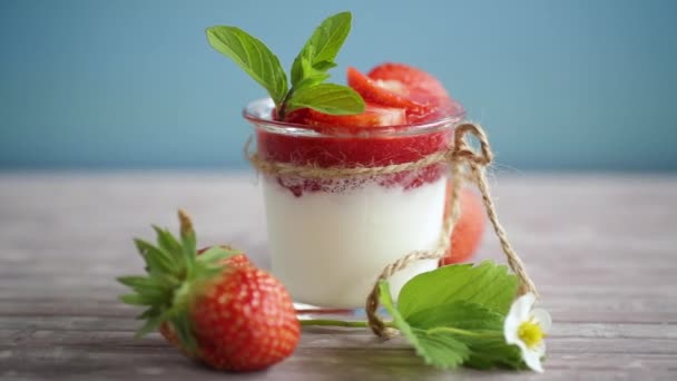Sweet Homemade Yogurt Strawberry Jam Fresh Strawberries Glass Cup Wooden — Stock Video