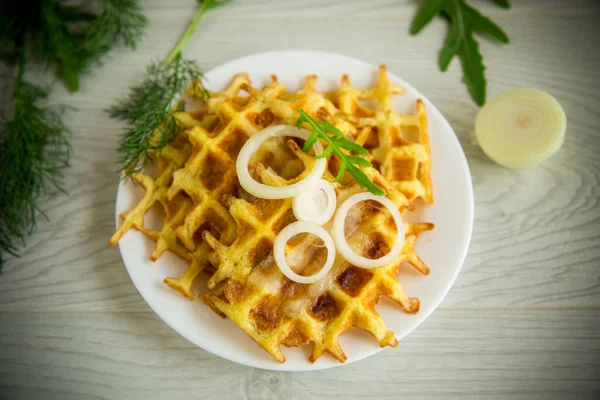 Fried Potato Cheese Vegetable Waffles Bacon Onions Plate Wooden Table — Stock Photo, Image