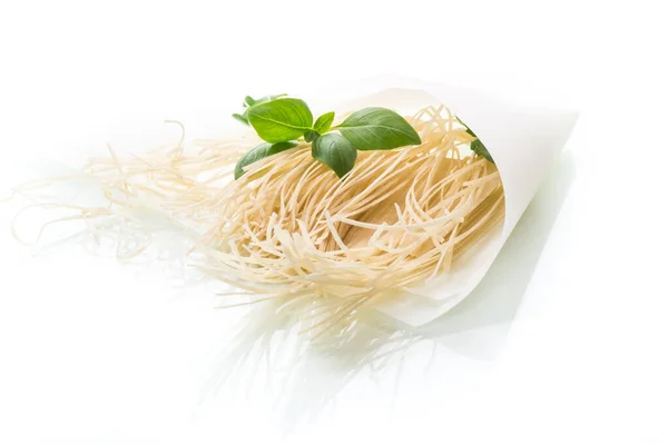 Homemade Thin Dried Egg Noodles Paper Bag Basil Isolated White — Stock Photo, Image