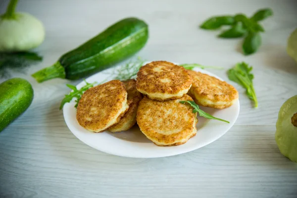 Fried Vegetable Pancakes Squash Zucchini Herbs Light Wooden Table — 图库照片