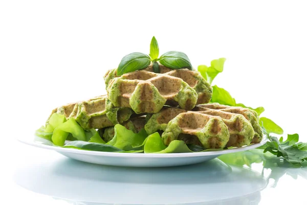 Vegetable Waffles Cooked Herbs Plate Isolated White Background — Stock Photo, Image