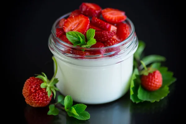 Sweet Homemade Yogurt Fresh Ripe Strawberries Glass Jar Isolated Black — Stock Photo, Image