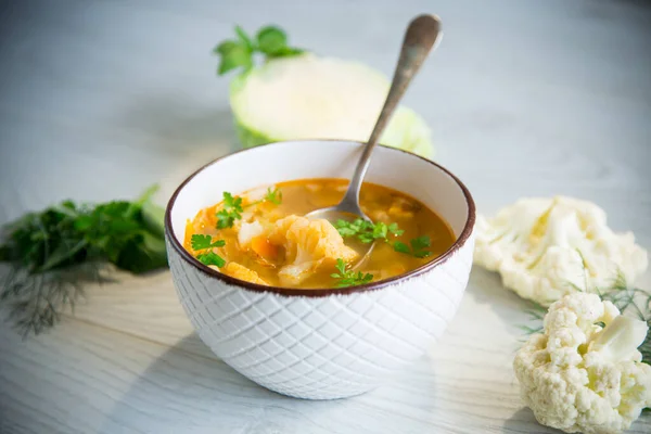 Vegetable Summer Soup Cauliflower Bowl Light Wooden Table — Photo