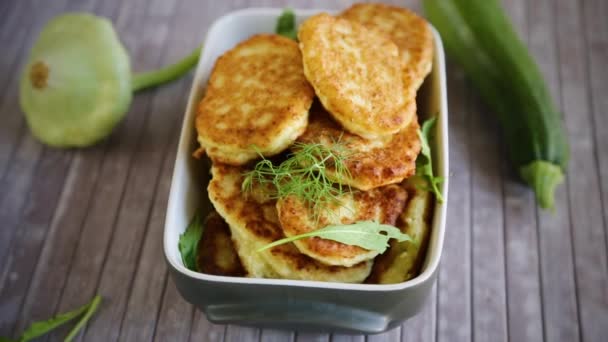 Fried Vegetable Pancakes Squash Zucchini Herbs Light Wooden Table — Videoclip de stoc